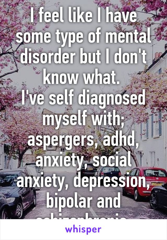 I feel like I have some type of mental disorder but I don't know what. 
I've self diagnosed myself with; aspergers, adhd, anxiety, social anxiety, depression, bipolar and schizophrenia 