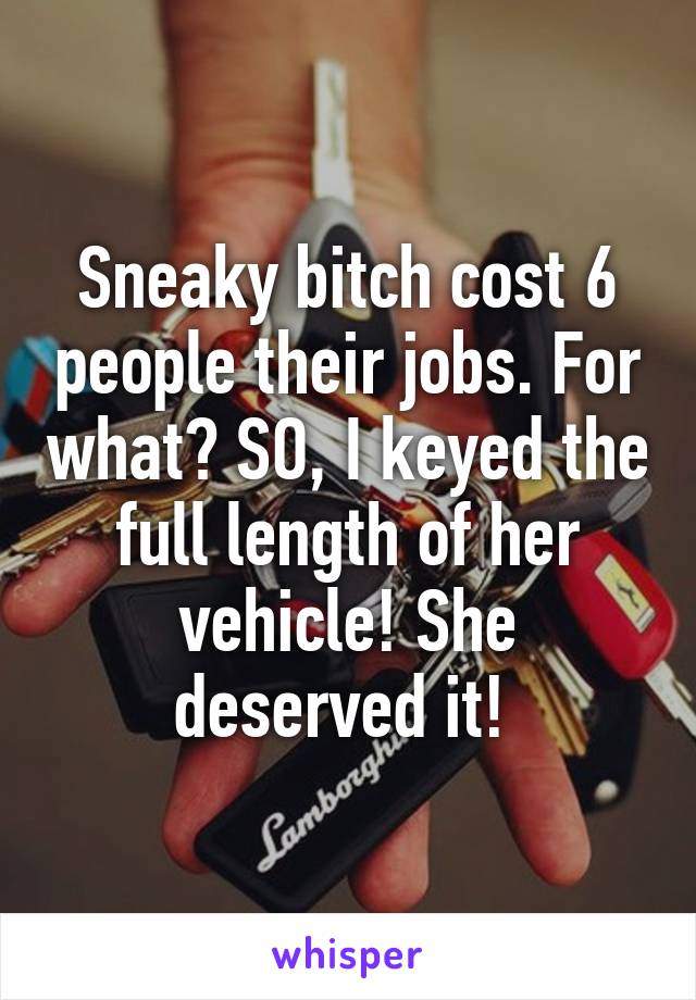 Sneaky bitch cost 6 people their jobs. For what? SO, I keyed the full length of her vehicle! She deserved it! 