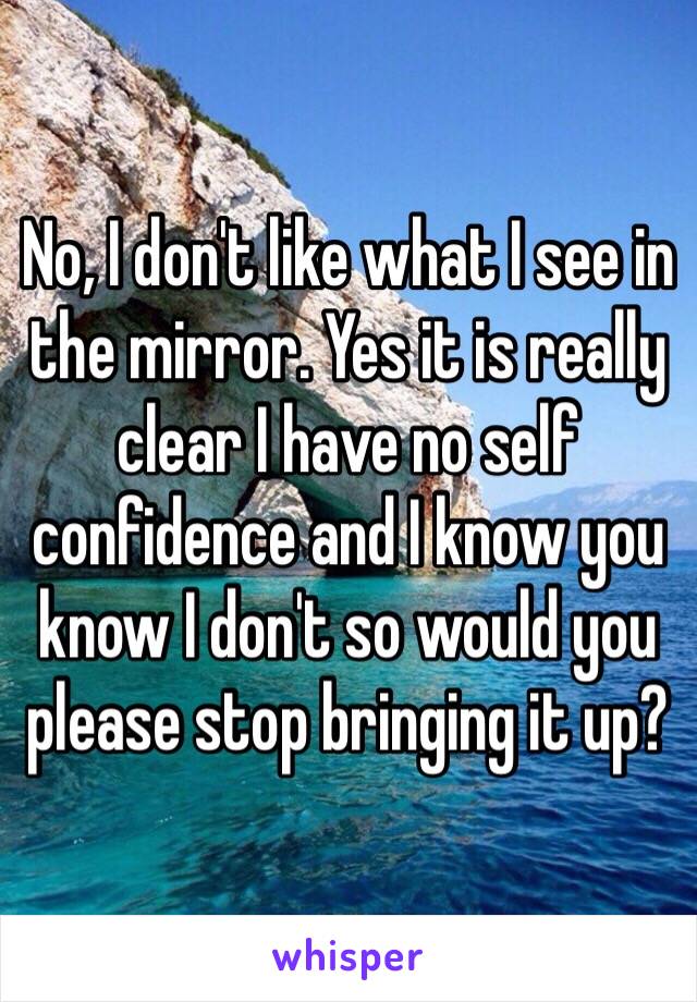 No, I don't like what I see in the mirror. Yes it is really clear I have no self confidence and I know you know I don't so would you please stop bringing it up?