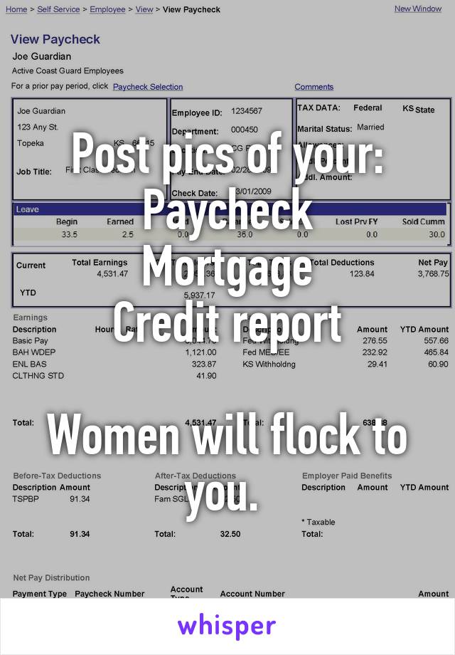 Post pics of your:
Paycheck
Mortgage
Credit report

Women will flock to you. 