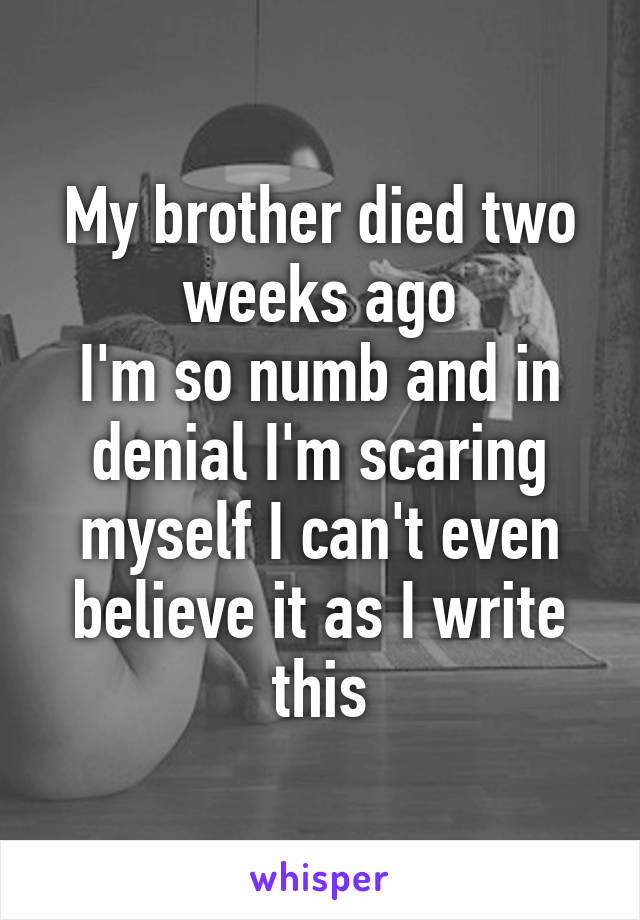 My brother died two weeks ago
I'm so numb and in denial I'm scaring myself I can't even believe it as I write this