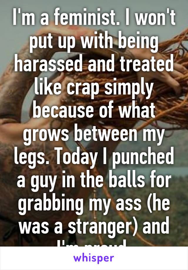 I'm a feminist. I won't put up with being harassed and treated like crap simply because of what grows between my legs. Today I punched a guy in the balls for grabbing my ass (he was a stranger) and I'm proud 