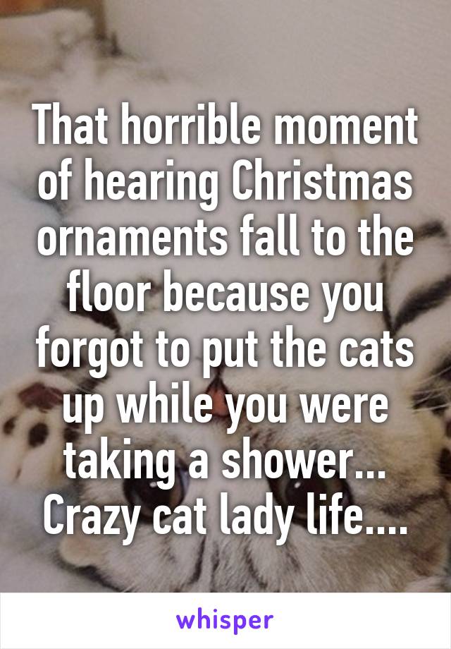 That horrible moment of hearing Christmas ornaments fall to the floor because you forgot to put the cats up while you were taking a shower... Crazy cat lady life....