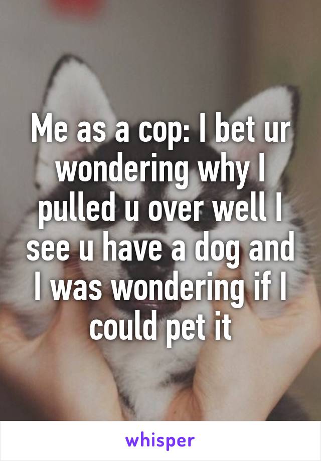 Me as a cop: I bet ur wondering why I pulled u over well I see u have a dog and I was wondering if I could pet it