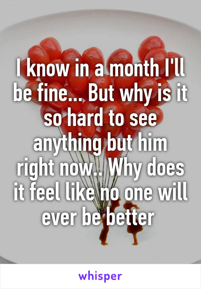 I know in a month I'll be fine... But why is it so hard to see anything but him right now.. Why does it feel like no one will ever be better 