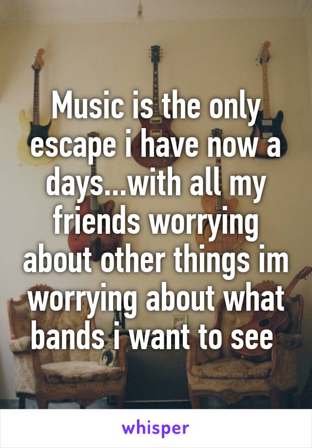 Music is the only escape i have now a days...with all my friends worrying about other things im worrying about what bands i want to see 