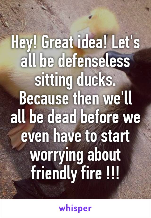 Hey! Great idea! Let's all be defenseless sitting ducks. Because then we'll all be dead before we even have to start worrying about friendly fire !!!