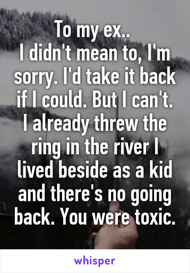 To my ex.. 
I didn't mean to, I'm sorry. I'd take it back if I could. But I can't. I already threw the ring in the river I lived beside as a kid and there's no going back. You were toxic. 