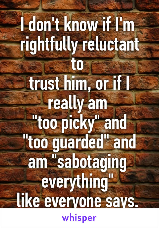 I don't know if I'm 
rightfully reluctant to 
trust him, or if I really am 
"too picky" and
 "too guarded" and 
am "sabotaging 
everything" 
like everyone says. 