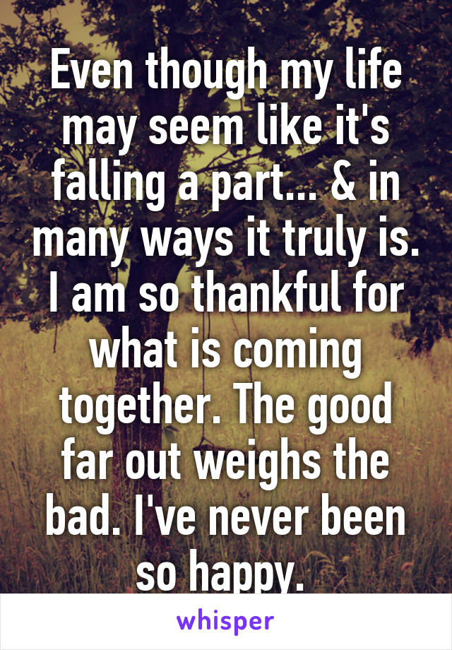 Even though my life may seem like it's falling a part... & in many ways it truly is. I am so thankful for what is coming together. The good far out weighs the bad. I've never been so happy. 