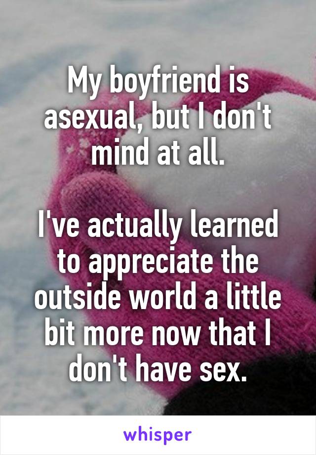 My boyfriend is asexual, but I don't mind at all.

I've actually learned to appreciate the outside world a little bit more now that I don't have sex.