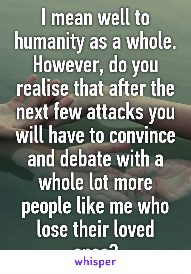 I mean well to humanity as a whole. However, do you realise that after the next few attacks you will have to convince and debate with a whole lot more people like me who lose their loved ones?