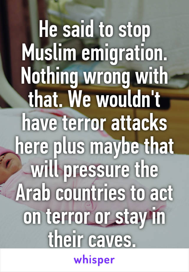 He said to stop Muslim emigration. Nothing wrong with that. We wouldn't have terror attacks here plus maybe that will pressure the Arab countries to act on terror or stay in their caves. 