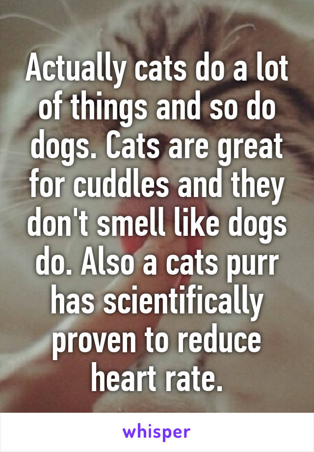 Actually cats do a lot of things and so do dogs. Cats are great for cuddles and they don't smell like dogs do. Also a cats purr has scientifically proven to reduce heart rate.