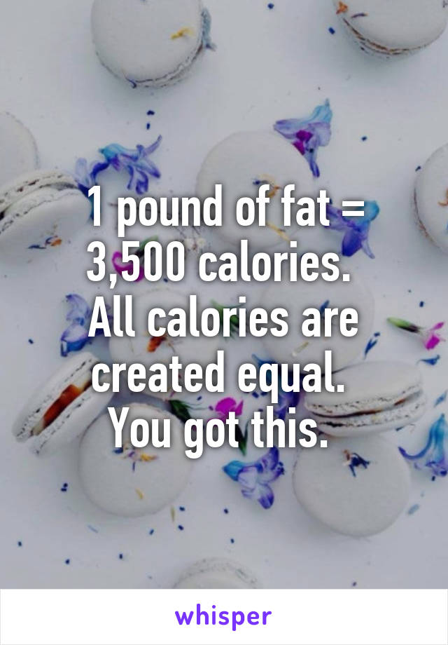 1 pound of fat = 3,500 calories. 
All calories are created equal. 
You got this. 