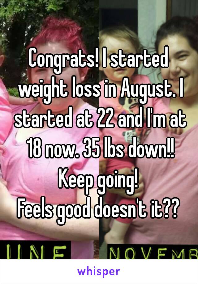 Congrats! I started weight loss in August. I started at 22 and I'm at 18 now. 35 lbs down!!
Keep going!
Feels good doesn't it??