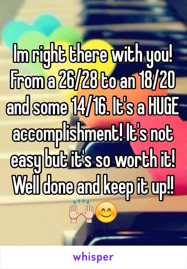 Im right there with you! From a 26/28 to an 18/20 and some 14/16. It's a HUGE accomplishment! It's not easy but it's so worth it! Well done and keep it up!! 🙌😊