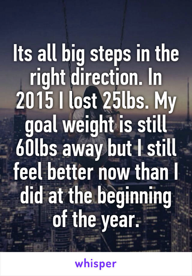 Its all big steps in the right direction. In 2015 I lost 25lbs. My goal weight is still 60lbs away but I still feel better now than I did at the beginning of the year.