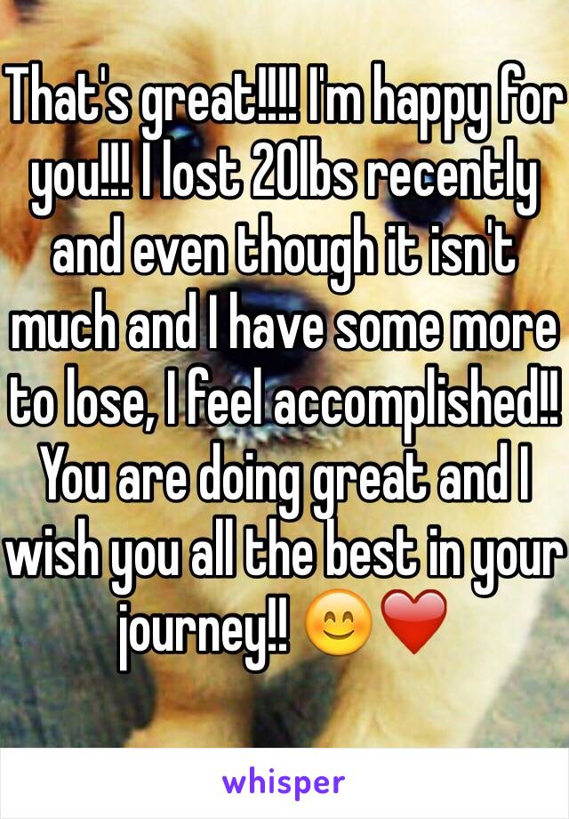 That's great!!!! I'm happy for you!!! I lost 20lbs recently and even though it isn't much and I have some more to lose, I feel accomplished!! You are doing great and I wish you all the best in your journey!! 😊❤️