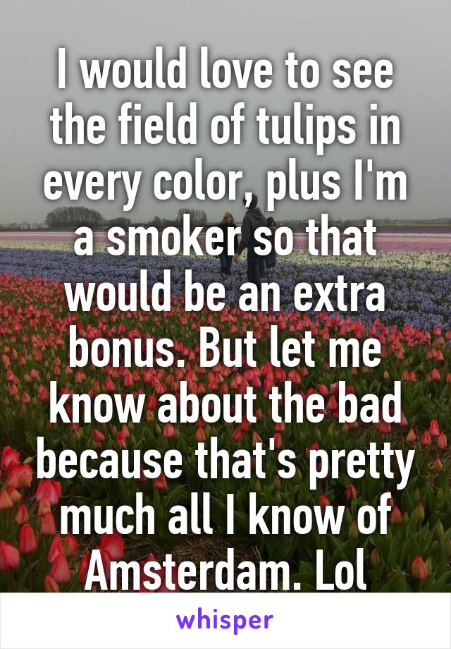 I would love to see the field of tulips in every color, plus I'm a smoker so that would be an extra bonus. But let me know about the bad because that's pretty much all I know of Amsterdam. Lol