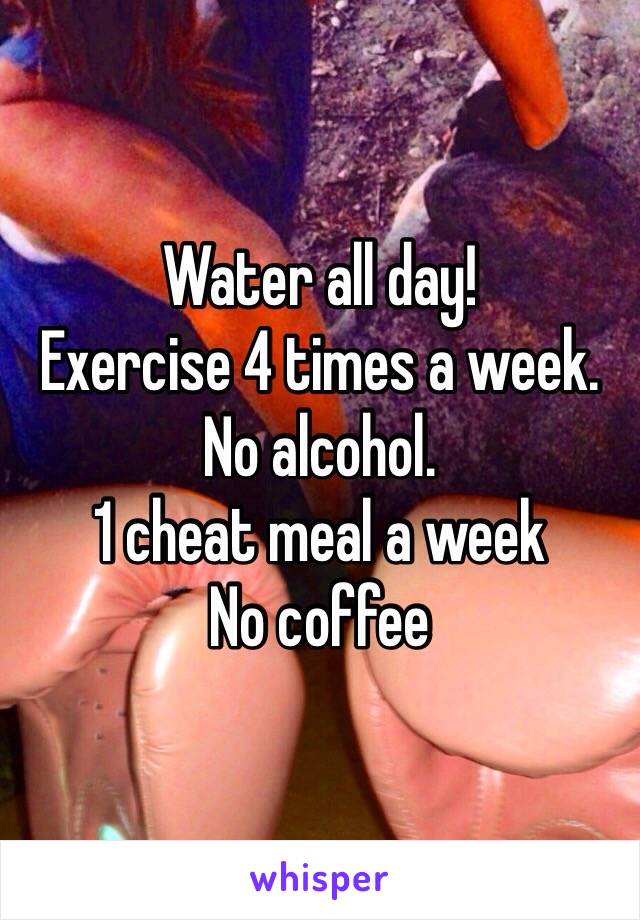 Water all day!
Exercise 4 times a week.
No alcohol.
1 cheat meal a week
No coffee 