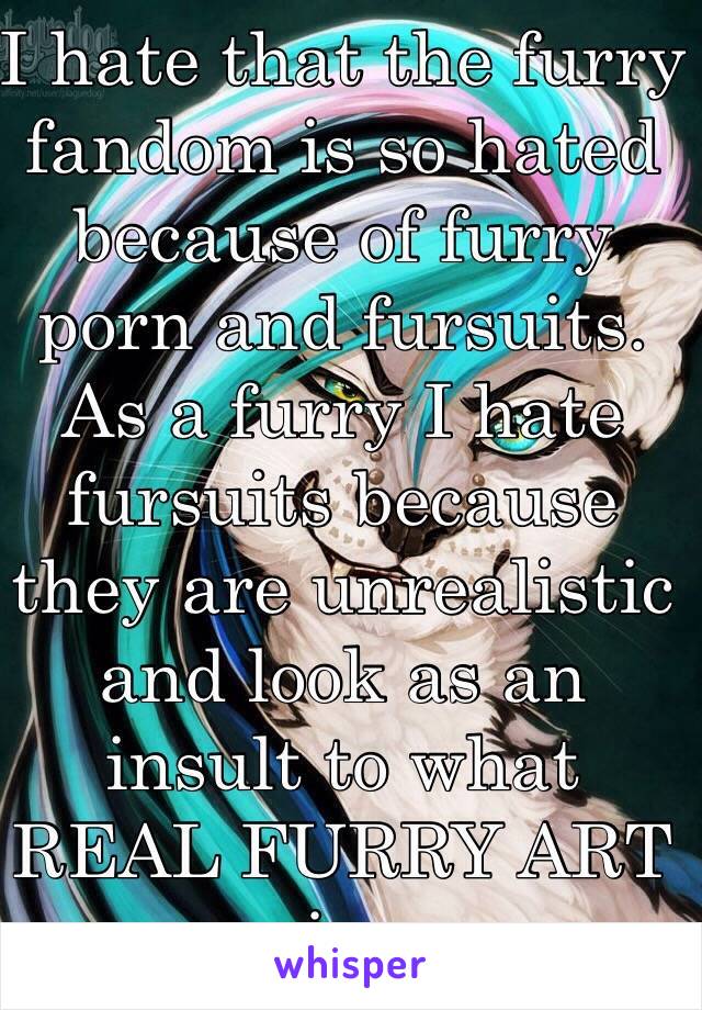 I hate that the furry fandom is so hated because of furry porn and fursuits. As a furry I hate fursuits because they are unrealistic and look as an insult to what REAL FURRY ART is.
