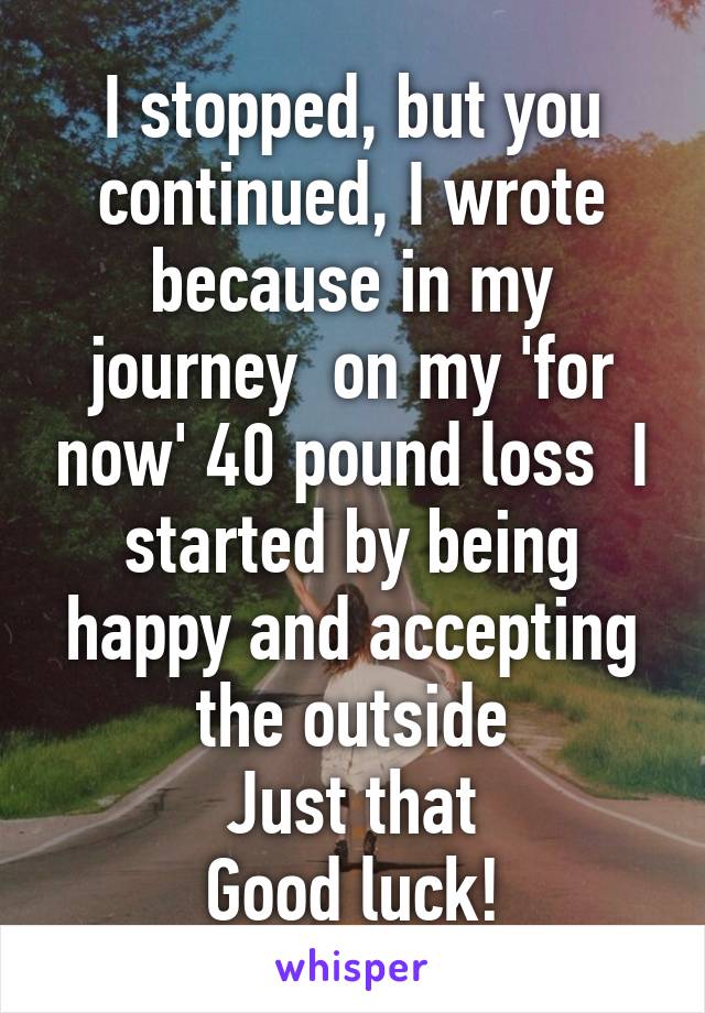 I stopped, but you continued, I wrote because in my journey  on my 'for now' 40 pound loss  I started by being happy and accepting the outside
Just that
Good luck!