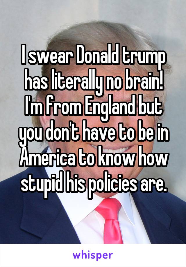 I swear Donald trump has literally no brain!
I'm from England but you don't have to be in America to know how stupid his policies are.
