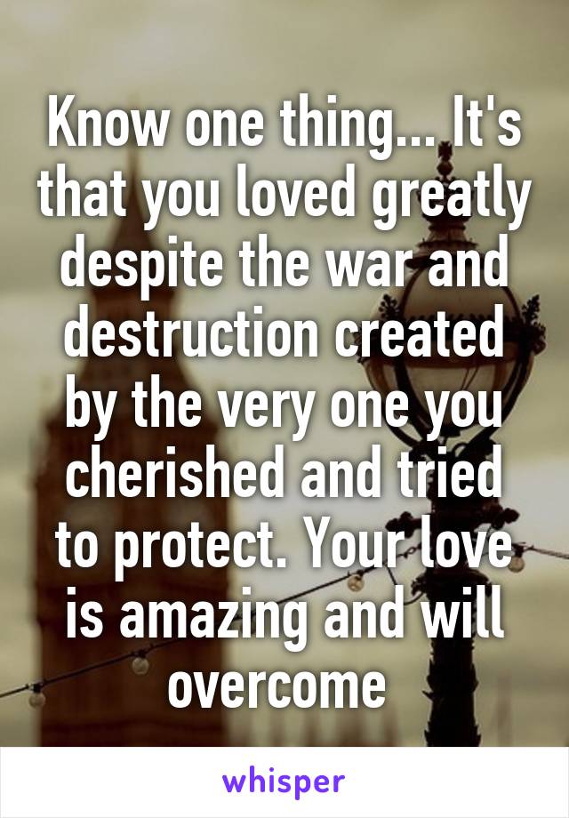 Know one thing... It's that you loved greatly despite the war and destruction created by the very one you cherished and tried to protect. Your love is amazing and will overcome 