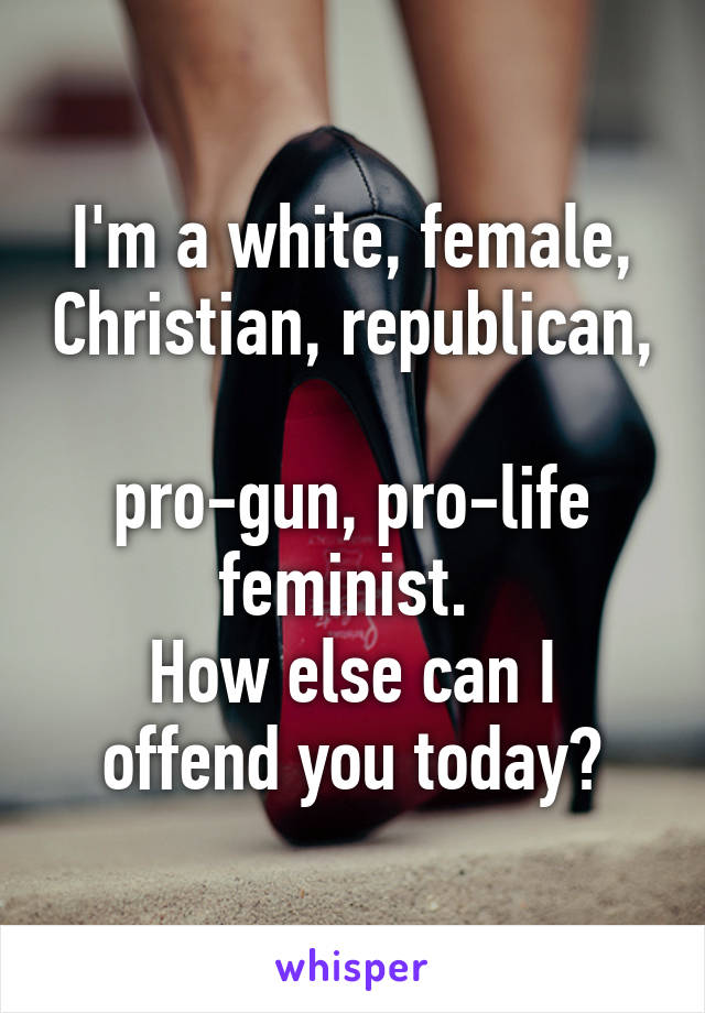 I'm a white, female, Christian, republican, 
pro-gun, pro-life feminist. 
How else can I offend you today?