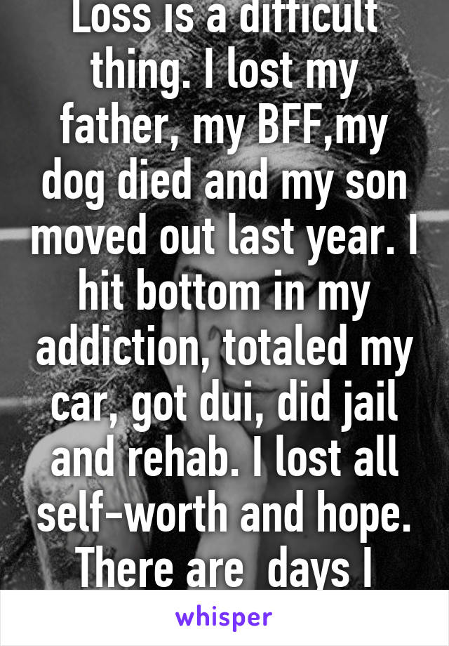 Loss is a difficult thing. I lost my father, my BFF,my dog died and my son moved out last year. I hit bottom in my addiction, totaled my car, got dui, did jail and rehab. I lost all self-worth and hope. There are  days I don't get out of bed