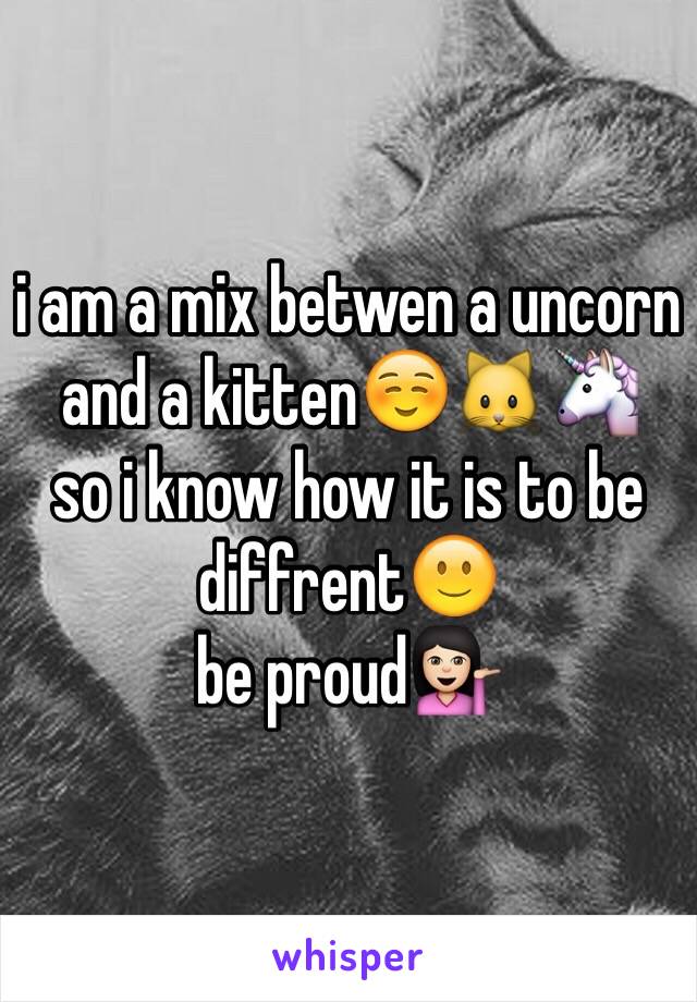 i am a mix betwen a uncorn and a kitten☺️🐱🦄
so i know how it is to be diffrent🙂
be proud💁🏻