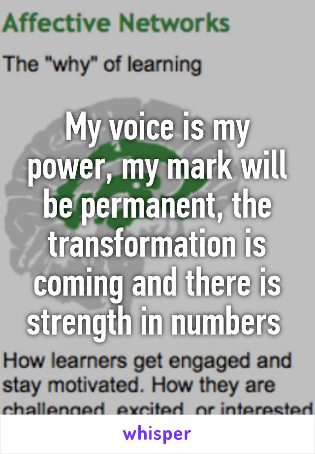 My voice is my power, my mark will be permanent, the transformation is coming and there is strength in numbers 