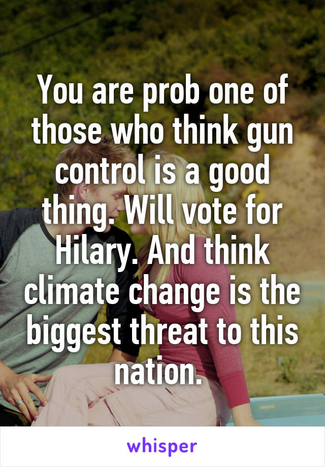 You are prob one of those who think gun control is a good thing. Will vote for Hilary. And think climate change is the biggest threat to this nation. 