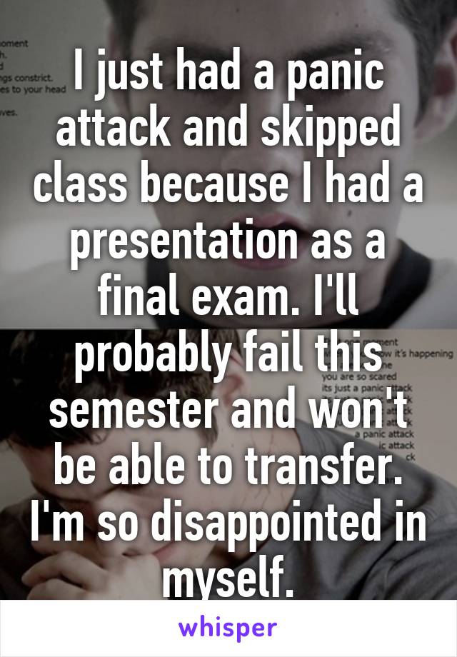 I just had a panic attack and skipped class because I had a presentation as a final exam. I'll probably fail this semester and won't be able to transfer. I'm so disappointed in myself.