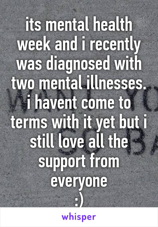 its mental health week and i recently was diagnosed with two mental illnesses. i havent come to terms with it yet but i still love all the support from everyone
:)