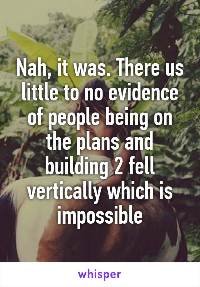 Nah, it was. There us little to no evidence of people being on the plans and building 2 fell vertically which is impossible