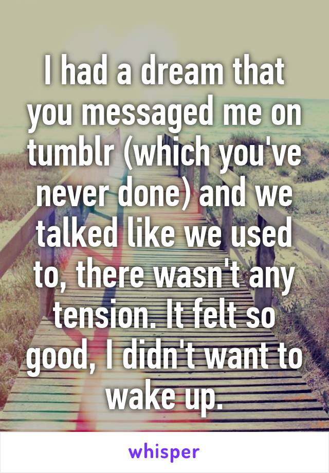 I had a dream that you messaged me on tumblr (which you've never done) and we talked like we used to, there wasn't any tension. It felt so good, I didn't want to wake up.