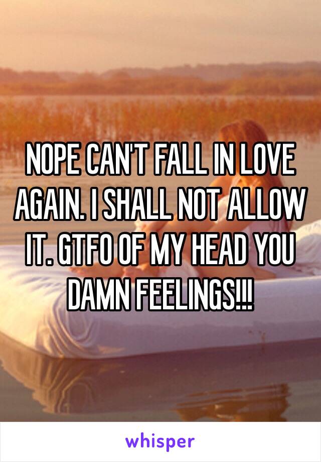 NOPE CAN'T FALL IN LOVE AGAIN. I SHALL NOT ALLOW IT. GTFO OF MY HEAD YOU DAMN FEELINGS!!!