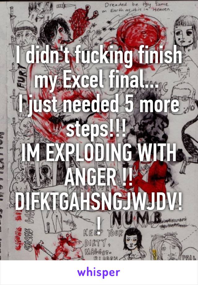 I didn't fucking finish my Excel final... 
I just needed 5 more steps!!! 
IM EXPLODING WITH ANGER !! DIFKTGAHSNGJWJDV!!