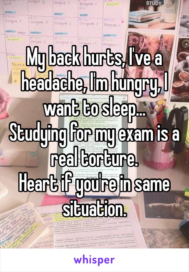 My back hurts, I've a headache, I'm hungry, I want to sleep...
Studying for my exam is a real torture. 
Heart if you're in same situation.