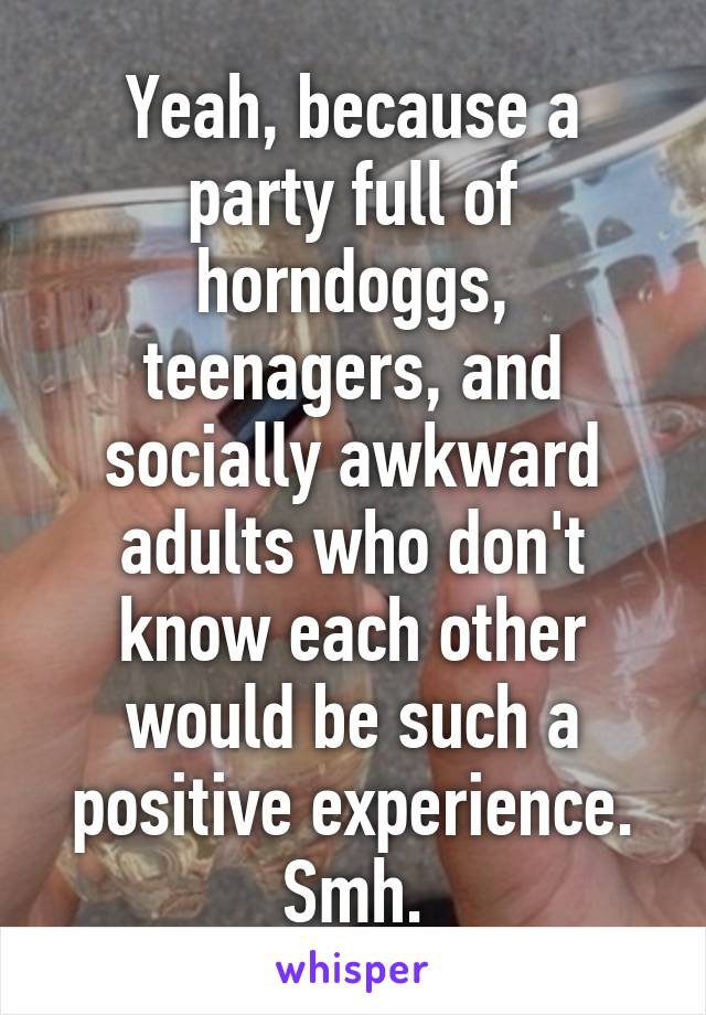 Yeah, because a party full of horndoggs, teenagers, and socially awkward adults who don't know each other would be such a positive experience. Smh.