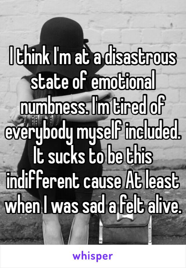 I think I'm at a disastrous state of emotional numbness. I'm tired of everybody myself included. It sucks to be this indifferent cause At least when I was sad a felt alive. 