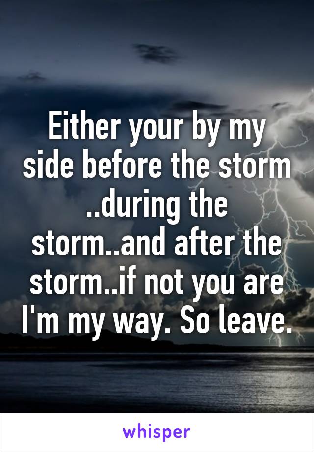 Either your by my side before the storm ..during the storm..and after the storm..if not you are I'm my way. So leave.