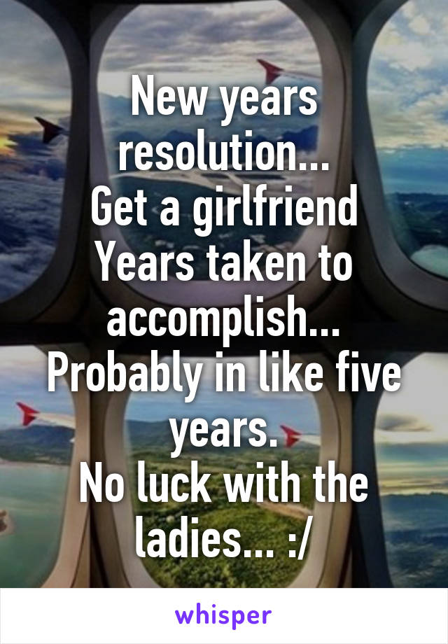 New years resolution...
Get a girlfriend
Years taken to accomplish...
Probably in like five years.
No luck with the ladies... :/