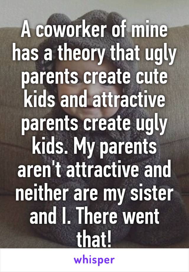 A coworker of mine has a theory that ugly parents create cute kids and attractive parents create ugly kids. My parents aren't attractive and neither are my sister and I. There went that!