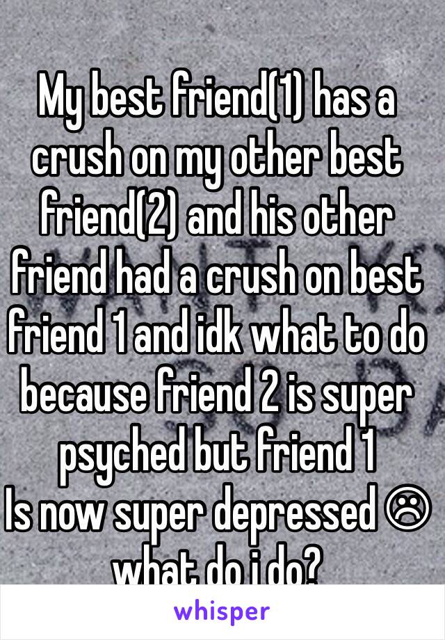 My best friend(1) has a crush on my other best friend(2) and his other friend had a crush on best friend 1 and idk what to do because friend 2 is super psyched but friend 1
Is now super depressed ☹ what do i do?