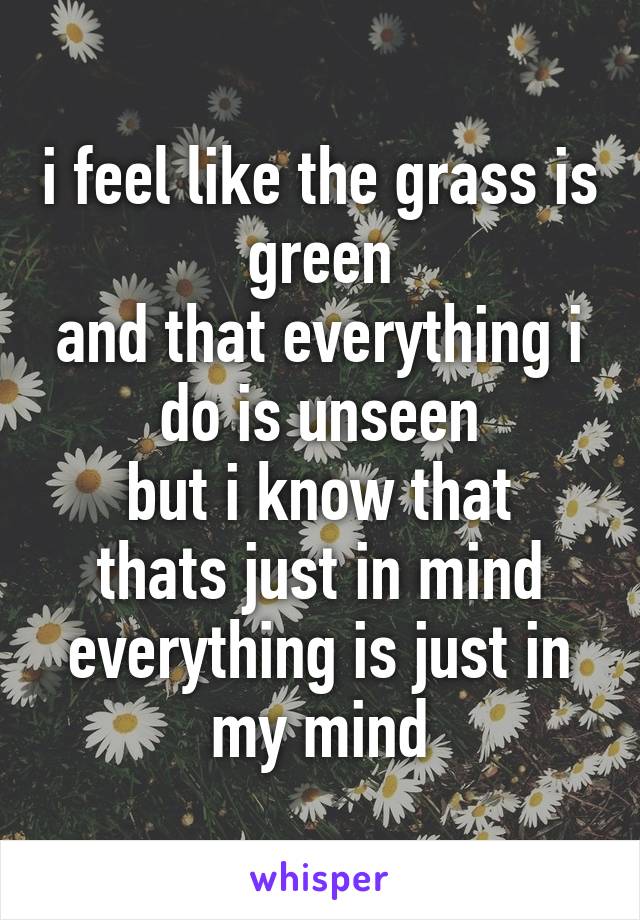 i feel like the grass is green
and that everything i do is unseen
but i know that thats just in mind
everything is just in my mind