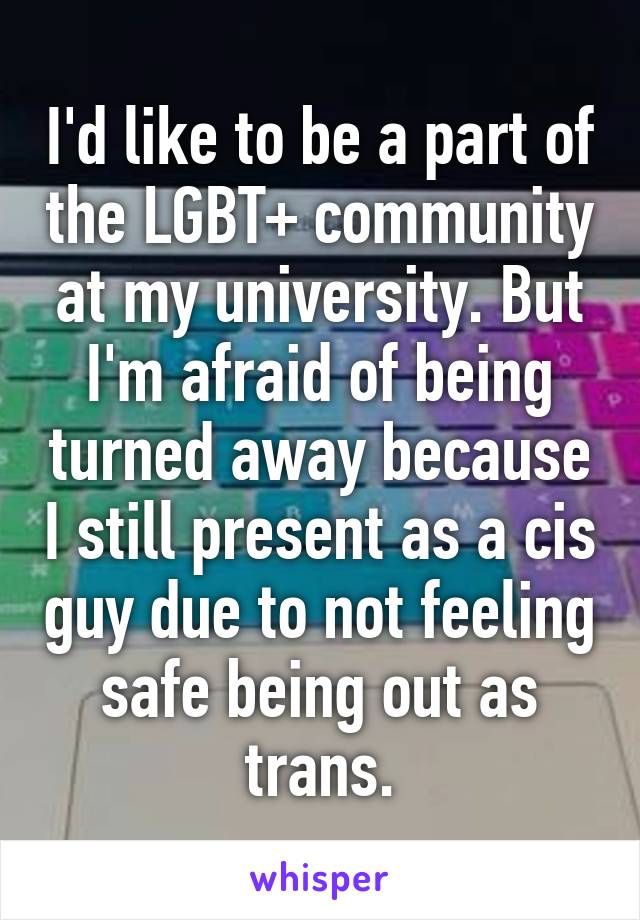 I'd like to be a part of the LGBT+ community at my university. But I'm afraid of being turned away because I still present as a cis guy due to not feeling safe being out as trans.