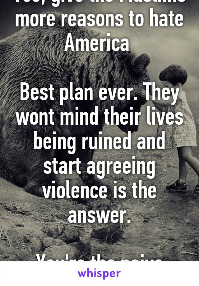 Yes, give the Muslims more reasons to hate America 

Best plan ever. They wont mind their lives being ruined and start agreeing violence is the answer.

You're the naive one, buddy